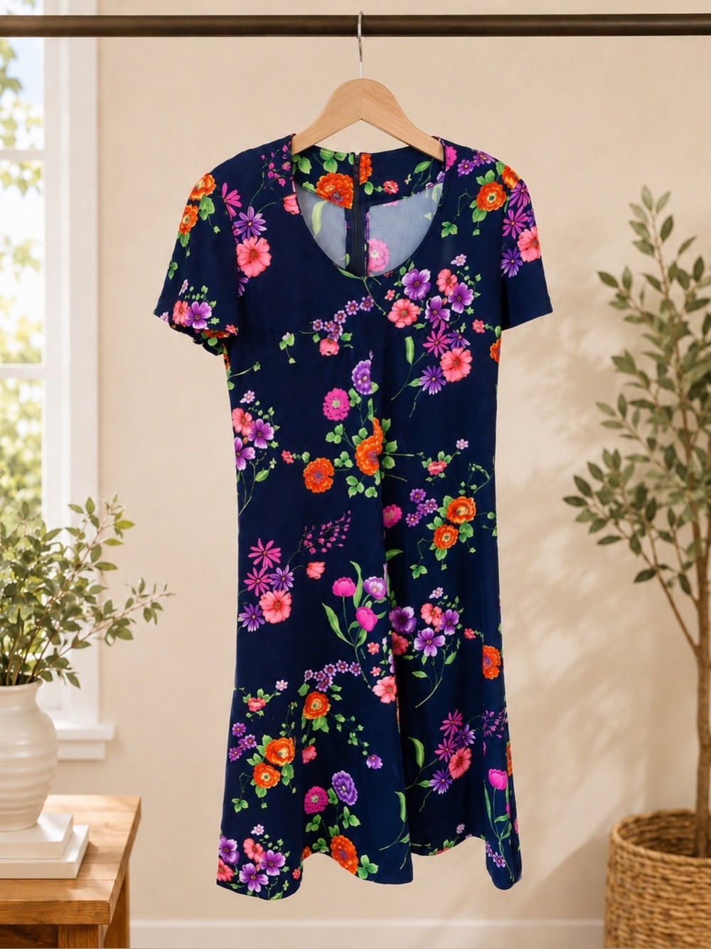 Navy Floral Knee-Length Dress • Short Sleeve Back Zip Cottagecore Garden Party